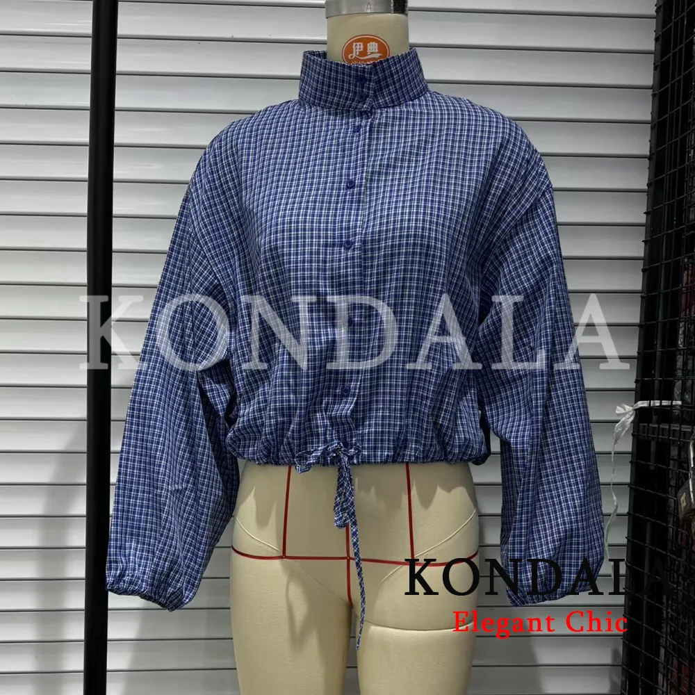 KONDALA Women Casual Trendy Plaid Shirts Turtleneck Single Breasted Blouse New Fashion 2026 Spring Summer Holiday Sporty Blouse