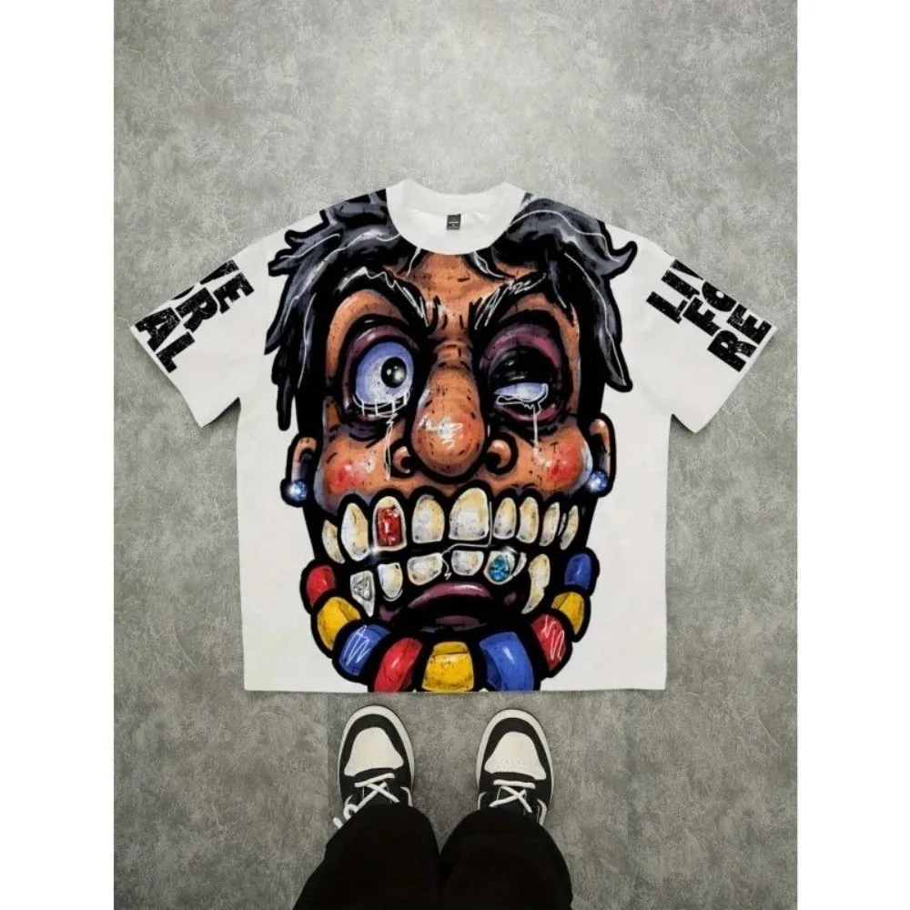 European and American Men's Summer Fun Figure Graffiti Print Soft and Breathable Round Neck T-Shirt Outdoor Casual Top