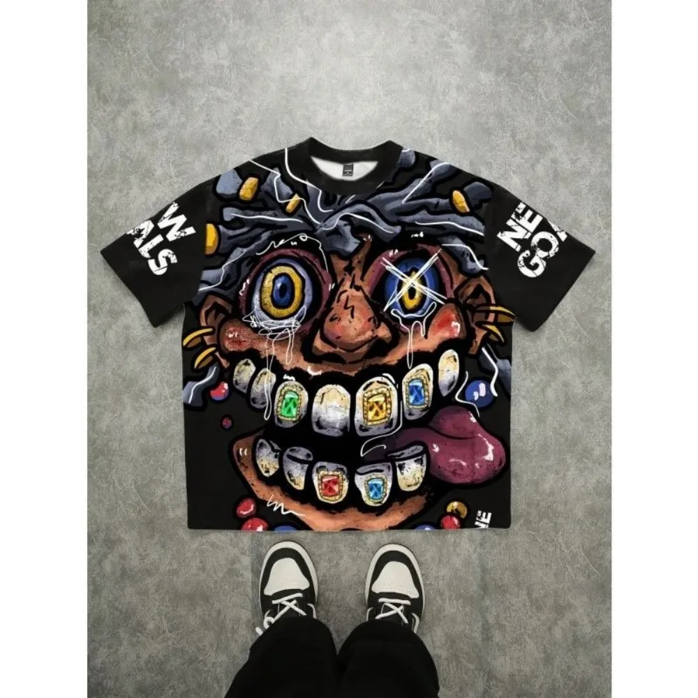European and American Men's Summer Fun Figure Graffiti Print Soft and Breathable Round Neck T-Shirt Outdoor Casual Top
