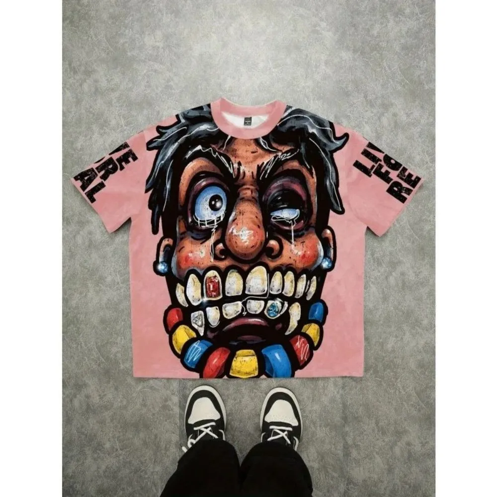European and American Men's Summer Fun Figure Graffiti Print Soft and Breathable Round Neck T-Shirt Outdoor Casual Top