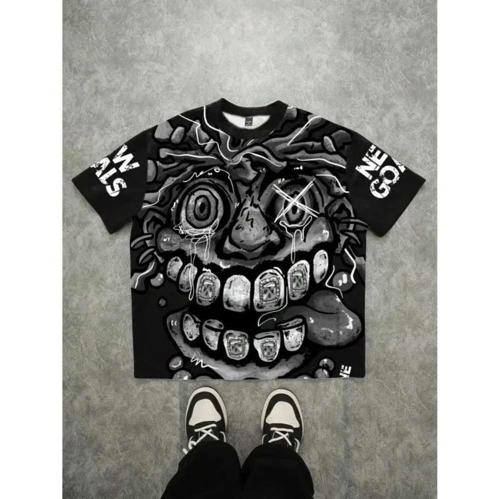 European and American Men's Summer Fun Figure Graffiti Print Soft and Breathable Round Neck T-Shirt Outdoor Casual Top
