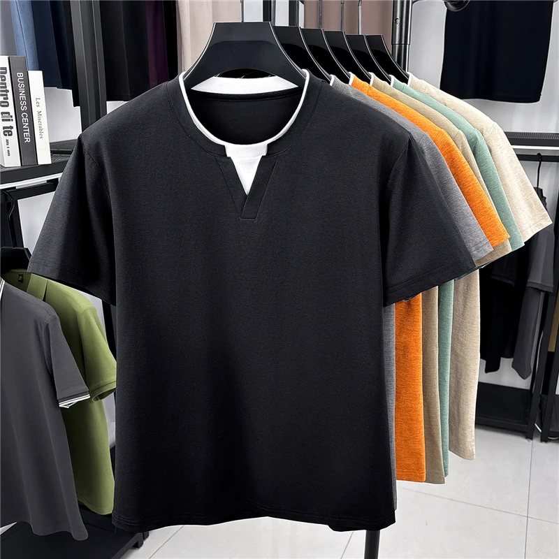 Mens Short Sleeve Fake Two Piece T Shirt V Neck Style Lightweight Casual Summer Tops for Men