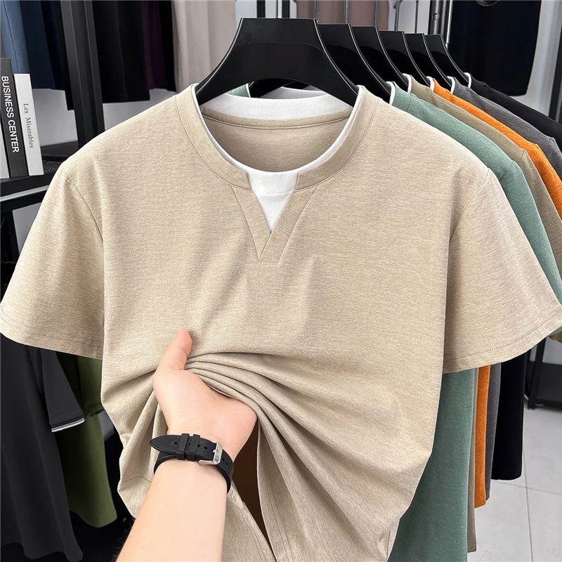 Mens Short Sleeve Fake Two Piece T Shirt V Neck Style Lightweight Casual Summer Tops for Men