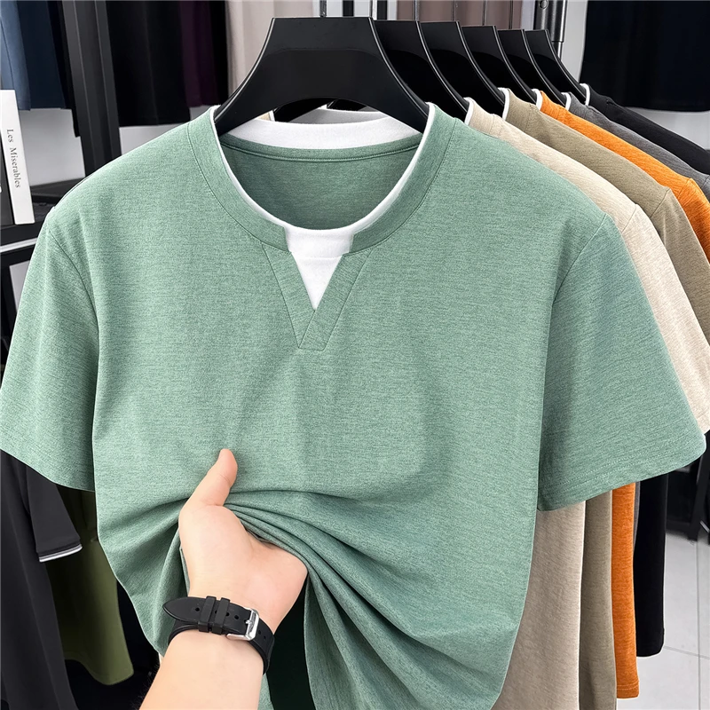 Mens Short Sleeve Fake Two Piece T Shirt V Neck Style Lightweight Casual Summer Tops for Men