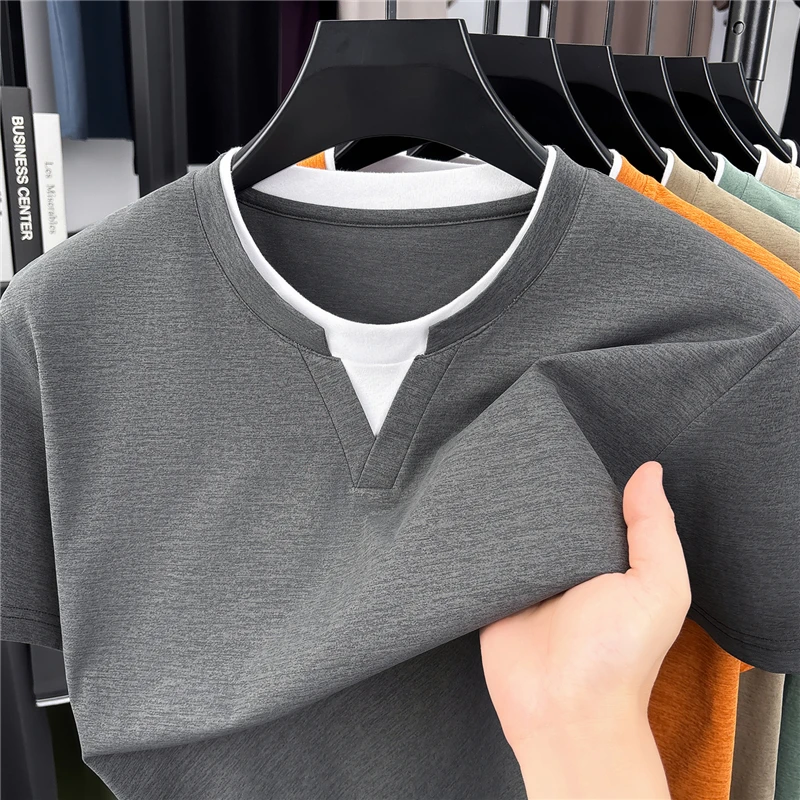 Mens Short Sleeve Fake Two Piece T Shirt V Neck Style Lightweight Casual Summer Tops for Men