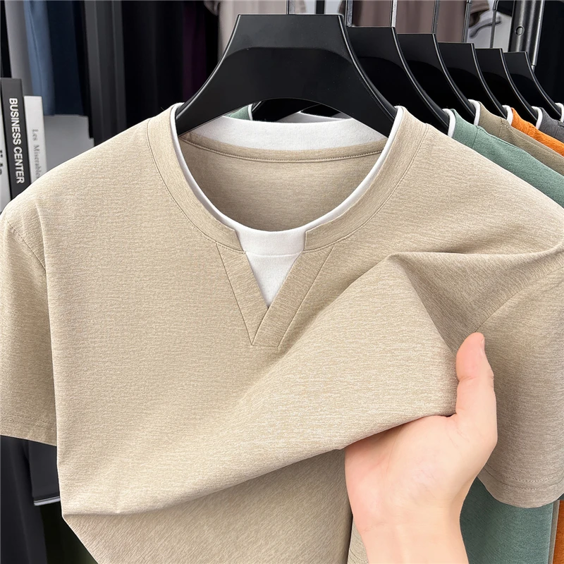 Mens Short Sleeve Fake Two Piece T Shirt V Neck Style Lightweight Casual Summer Tops for Men
