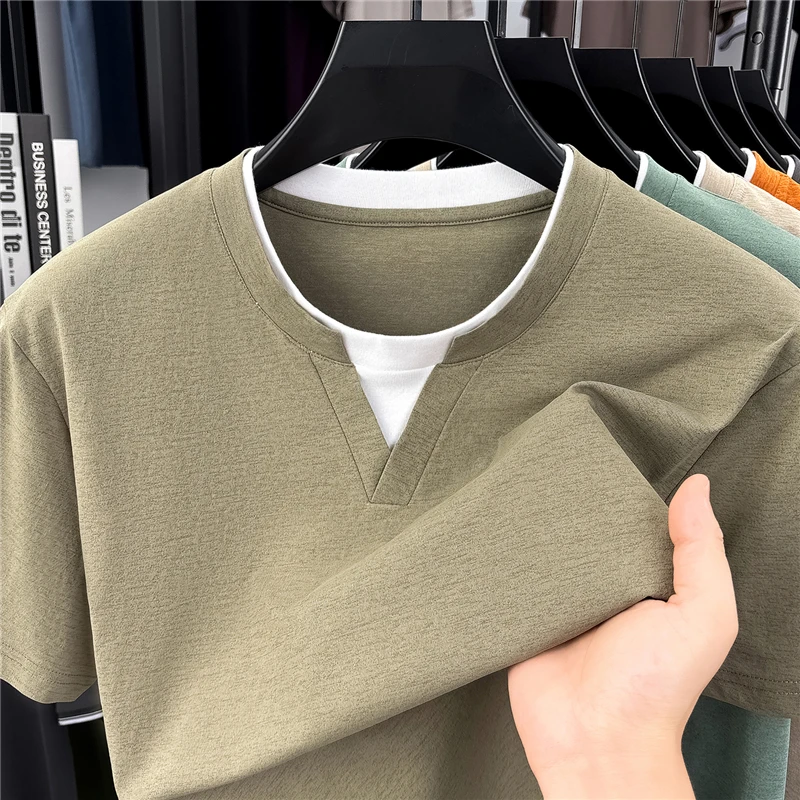 Mens Short Sleeve Fake Two Piece T Shirt V Neck Style Lightweight Casual Summer Tops for Men