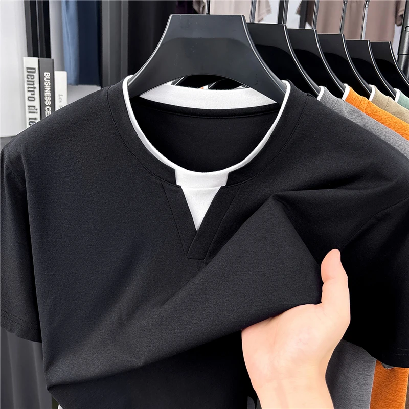 Mens Short Sleeve Fake Two Piece T Shirt V Neck Style Lightweight Casual Summer Tops for Men
