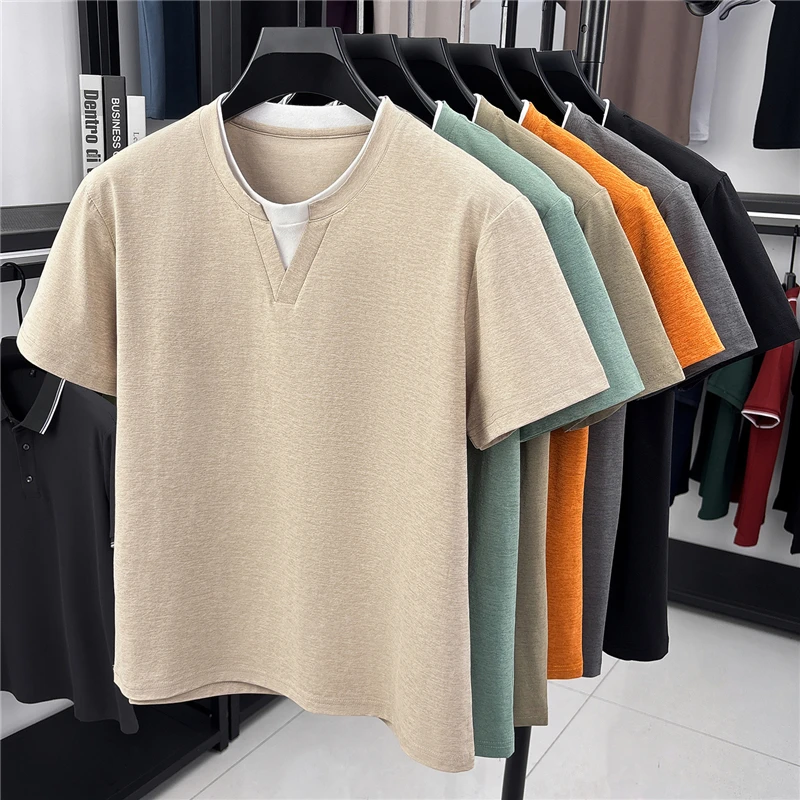 Mens Short Sleeve Fake Two Piece T Shirt V Neck Style Lightweight Casual Summer Tops for Men