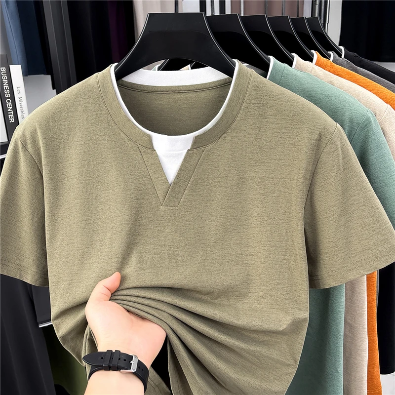 Mens Short Sleeve Fake Two Piece T Shirt V Neck Style Lightweight Casual Summer Tops for Men