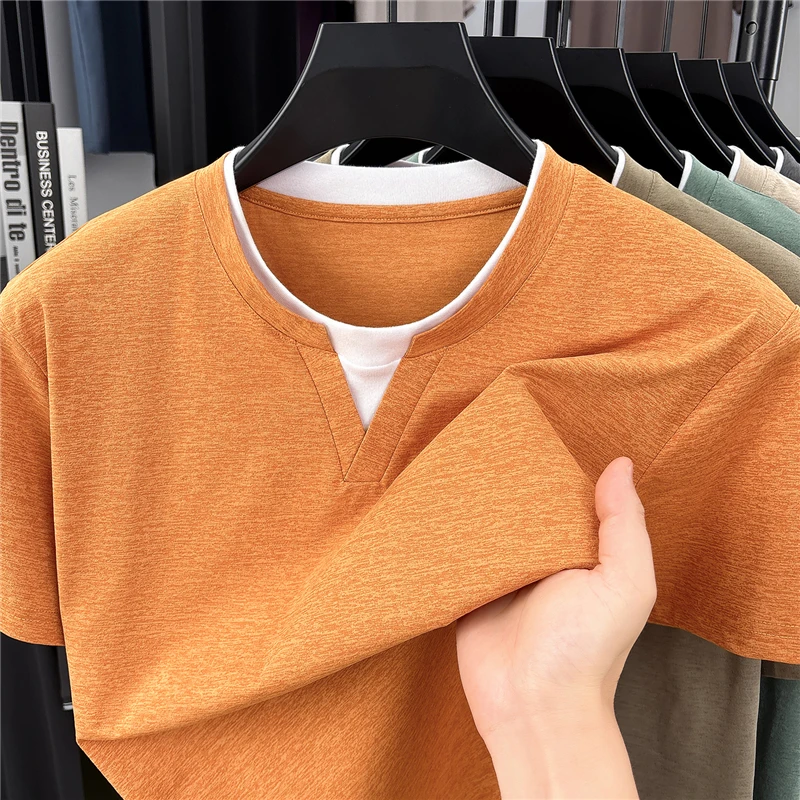 Mens Short Sleeve Fake Two Piece T Shirt V Neck Style Lightweight Casual Summer Tops for Men