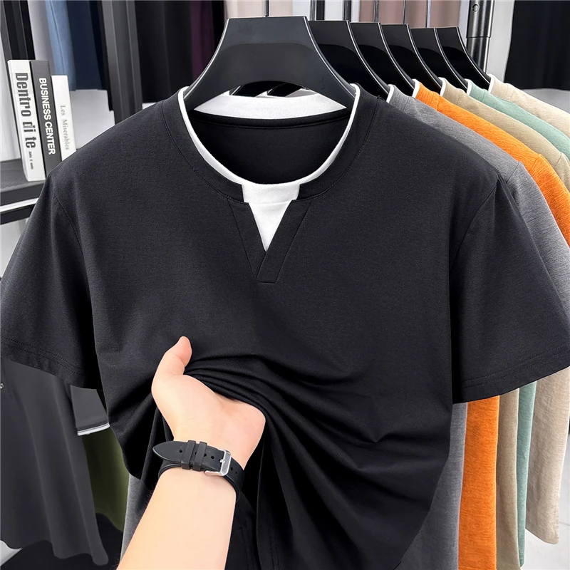 Mens Short Sleeve Fake Two Piece T Shirt V Neck Style Lightweight Casual Summer Tops for Men