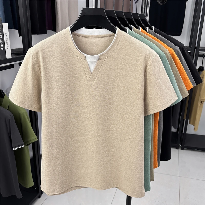 Mens Short Sleeve Fake Two Piece T Shirt V Neck Style Lightweight Casual Summer Tops for Men