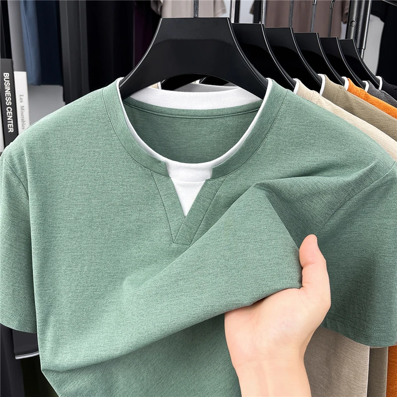 Mens Short Sleeve Fake Two Piece T Shirt V Neck Style Lightweight Casual Summer Tops for Men