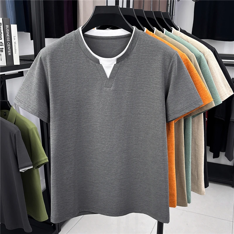 Mens Short Sleeve Fake Two Piece T Shirt V Neck Style Lightweight Casual Summer Tops for Men