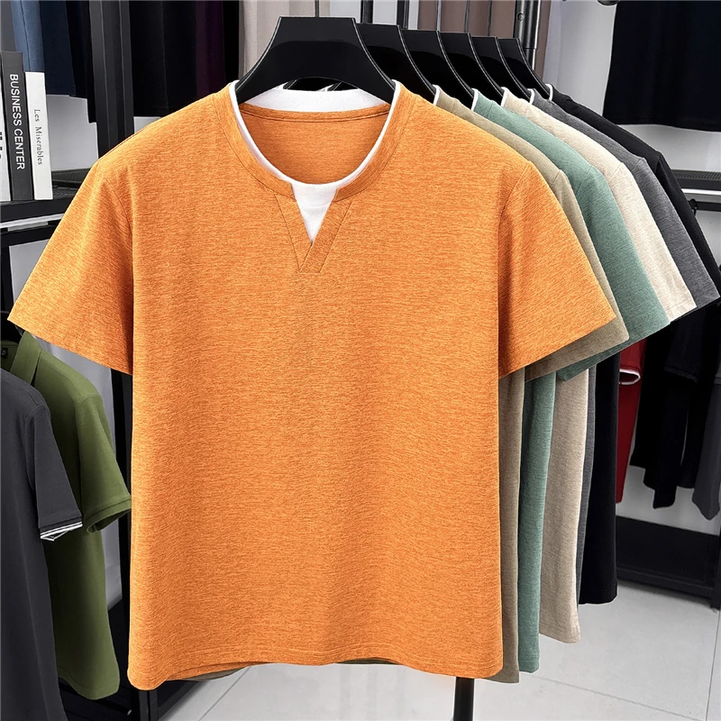 Mens Short Sleeve Fake Two Piece T Shirt V Neck Style Lightweight Casual Summer Tops for Men
