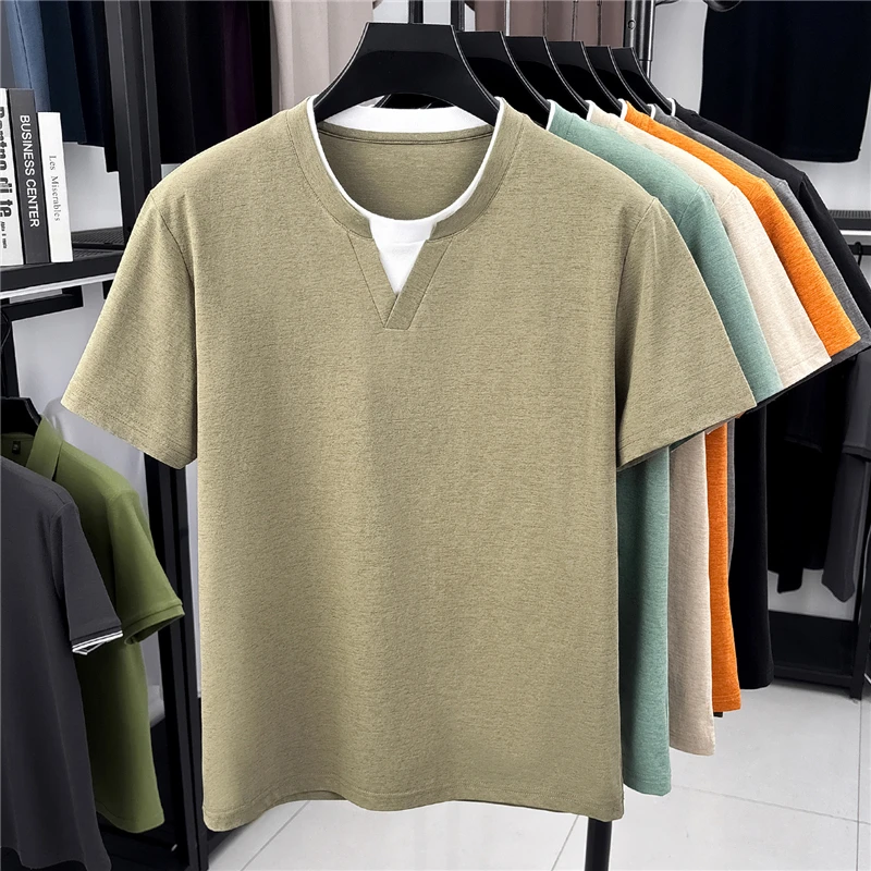 Mens Short Sleeve Fake Two Piece T Shirt V Neck Style Lightweight Casual Summer Tops for Men