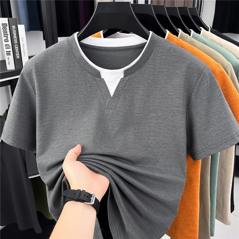 Mens Short Sleeve Fake Two Piece T Shirt V Neck Style Lightweight Casual Summer Tops for Men