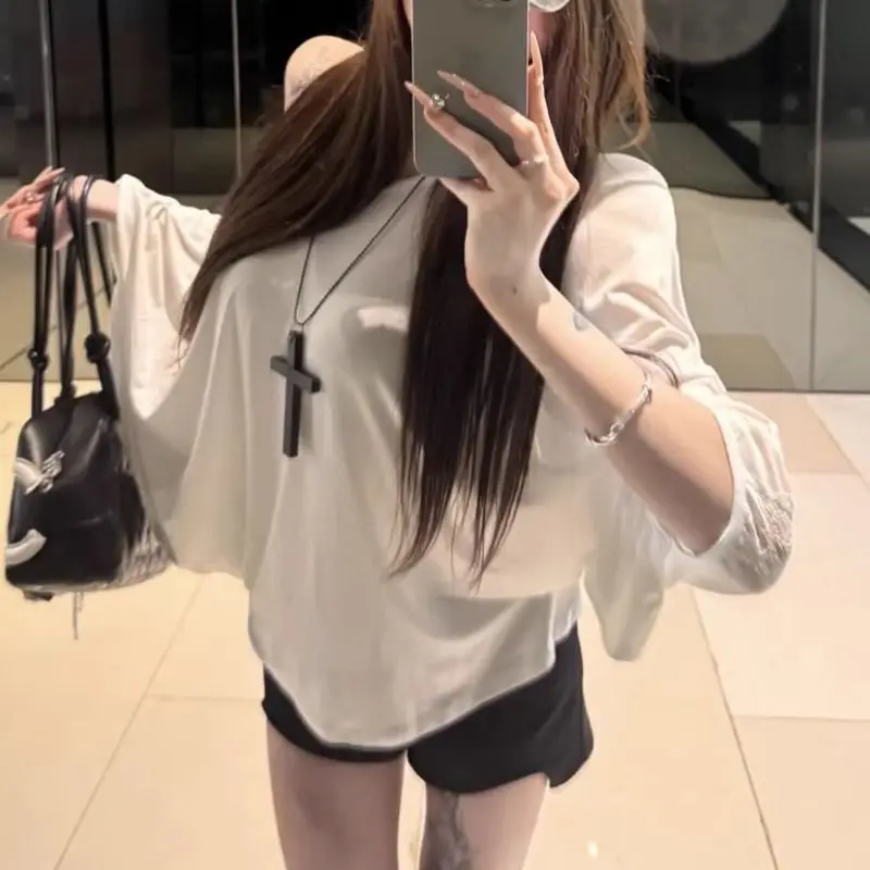 Summer Solid Temperament Back Lace Splicing Bat Long Sleeve T-Shirt Women's Sunscreen Blouse Large Size Sexy Slash Shoulder Top