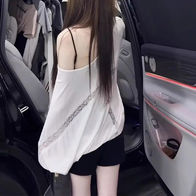 Summer Solid Temperament Back Lace Splicing Bat Long Sleeve T-Shirt Women's Sunscreen Blouse Large Size Sexy Slash Shoulder Top