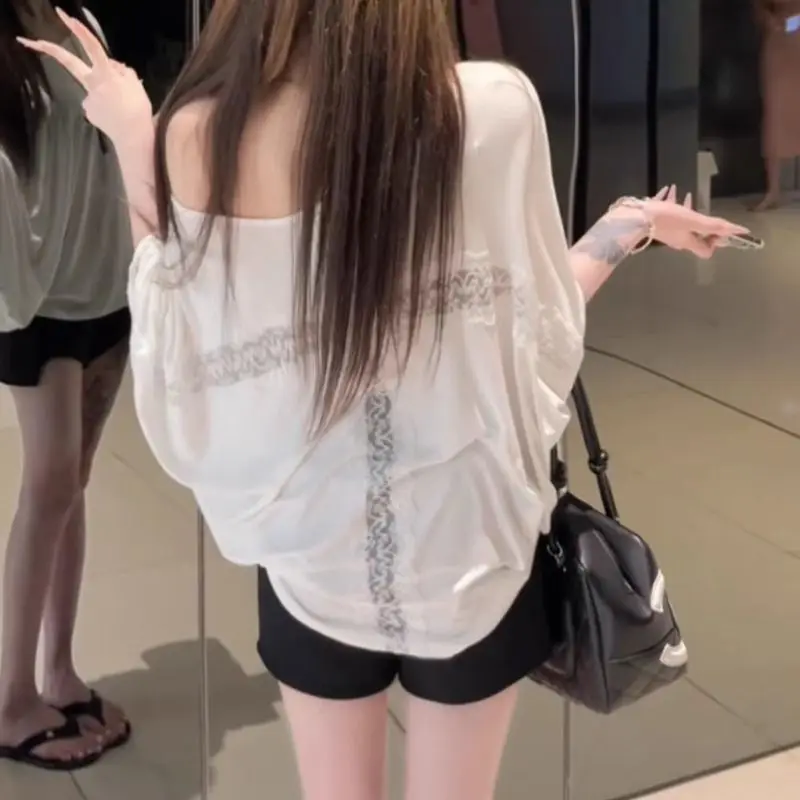 Summer Solid Temperament Back Lace Splicing Bat Long Sleeve T-Shirt Women's Sunscreen Blouse Large Size Sexy Slash Shoulder Top