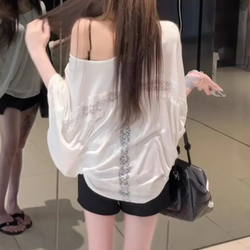 Summer Solid Temperament Back Lace Splicing Bat Long Sleeve T-Shirt Women's Sunscreen Blouse Large Size Sexy Slash Shoulder Top