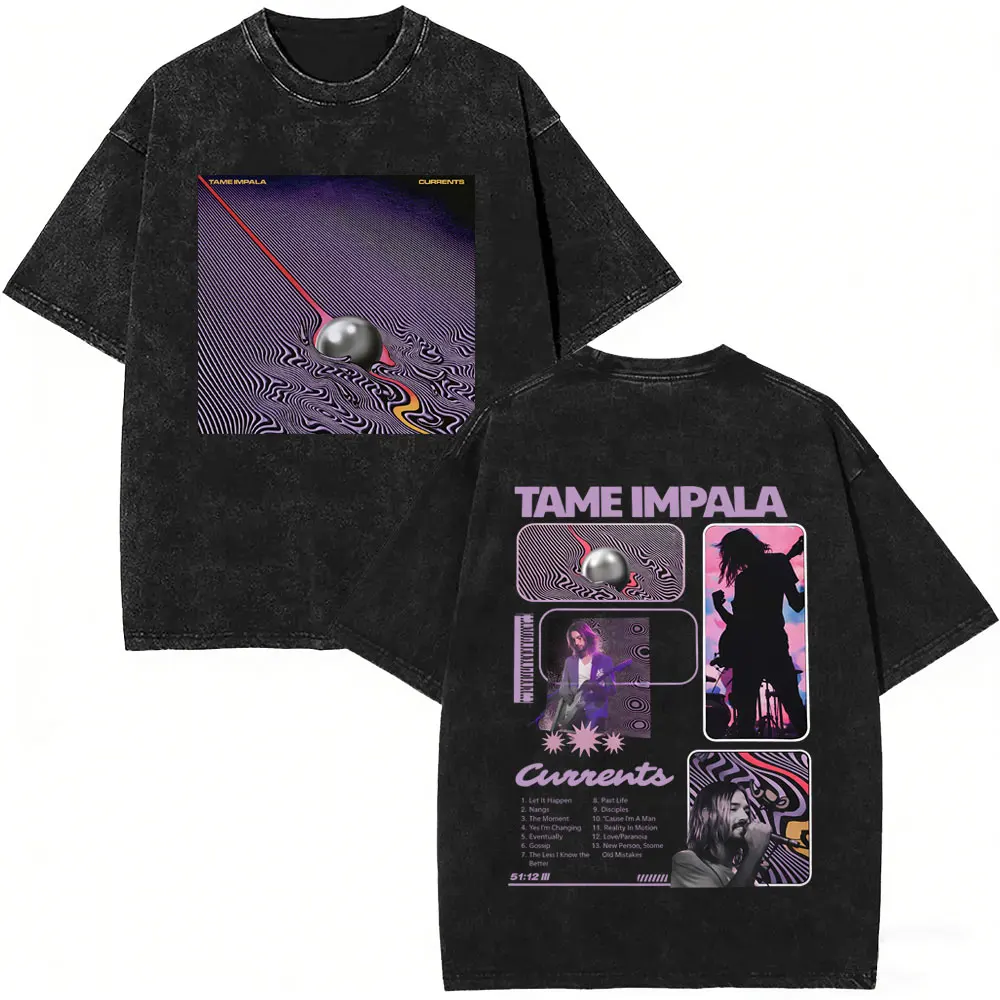 Vintage Washed Pop Rock Band Tame Impala Currents Merch 2026 T Shirts Men Women Casual Cotton Oversized Short Sleeve T-shirts