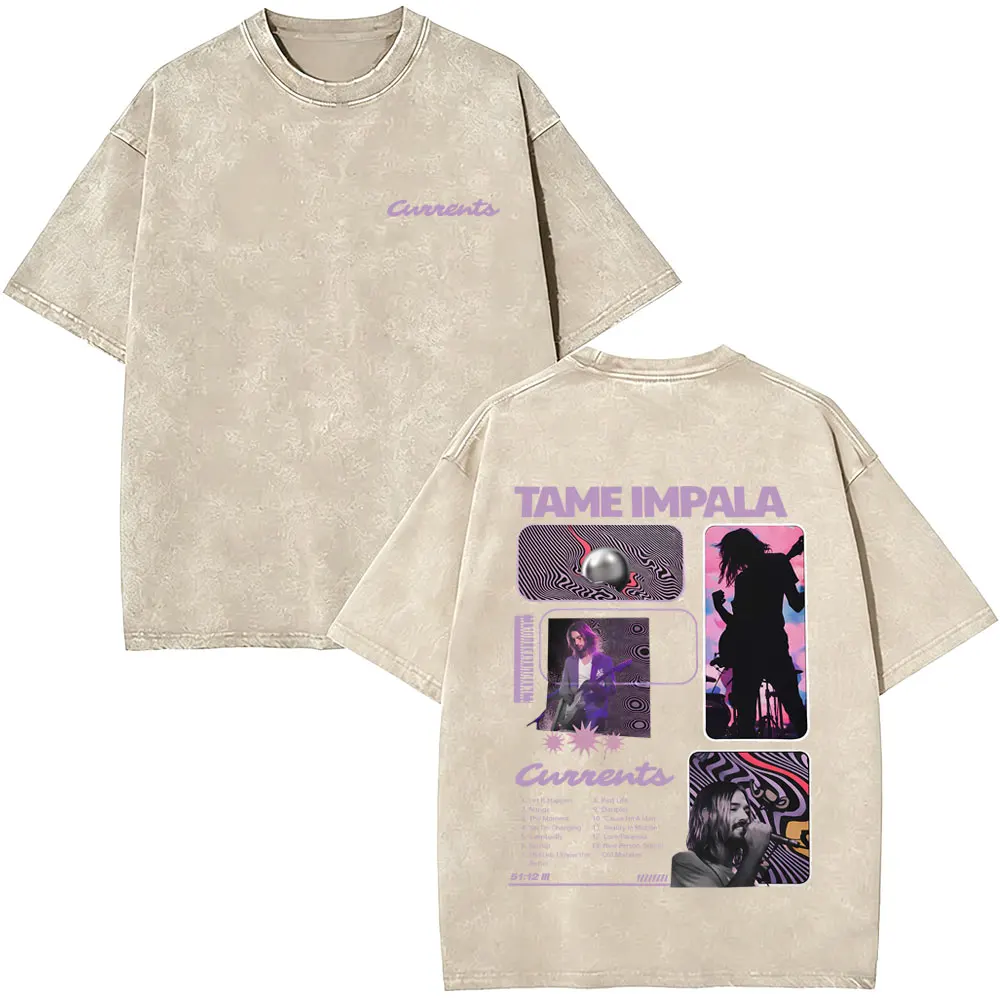 Vintage Washed Pop Rock Band Tame Impala Currents Merch 2026 T Shirts Men Women Casual Cotton Oversized Short Sleeve T-shirts
