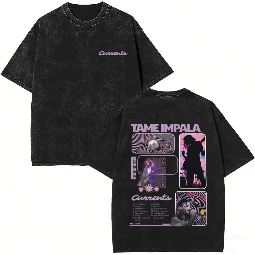 Vintage Washed Pop Rock Band Tame Impala Currents Merch 2026 T Shirts Men Women Casual Cotton Oversized Short Sleeve T-shirts