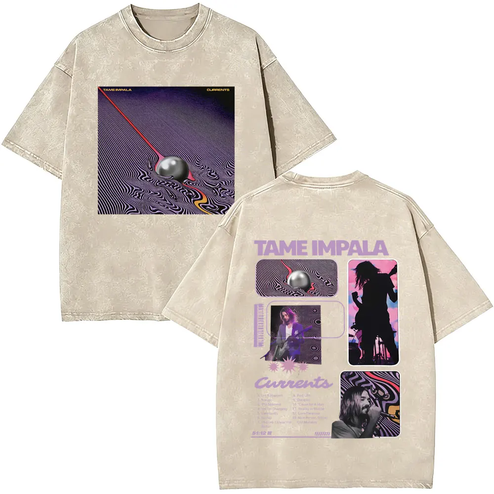 Vintage Washed Pop Rock Band Tame Impala Currents Merch 2026 T Shirts Men Women Casual Cotton Oversized Short Sleeve T-shirts