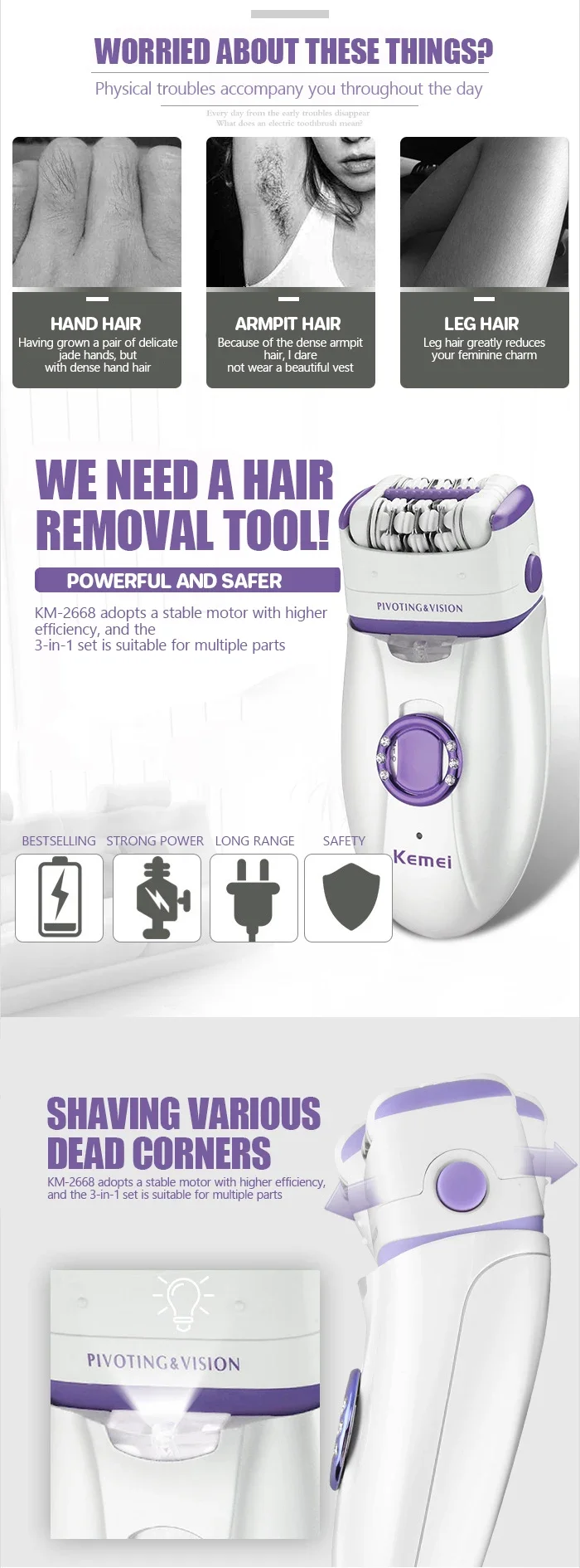 Kemei KM-2668 2-in-1 Women's Shaver Body Shaver for Full Body Shaving Women Hair Remover Electric Body Depilation Machine
