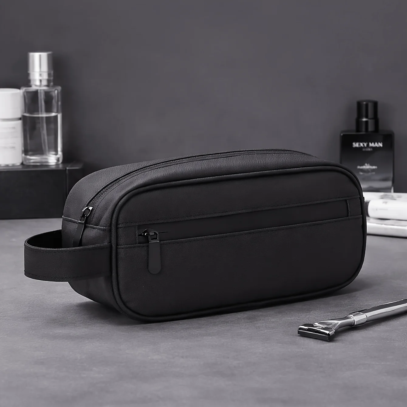 Retro Men'S Toiletry Bag Sports Faux Leather Large Capacity Storage Bag Business Trip Travel Cosmetic Bag Handbag Makeup Bag