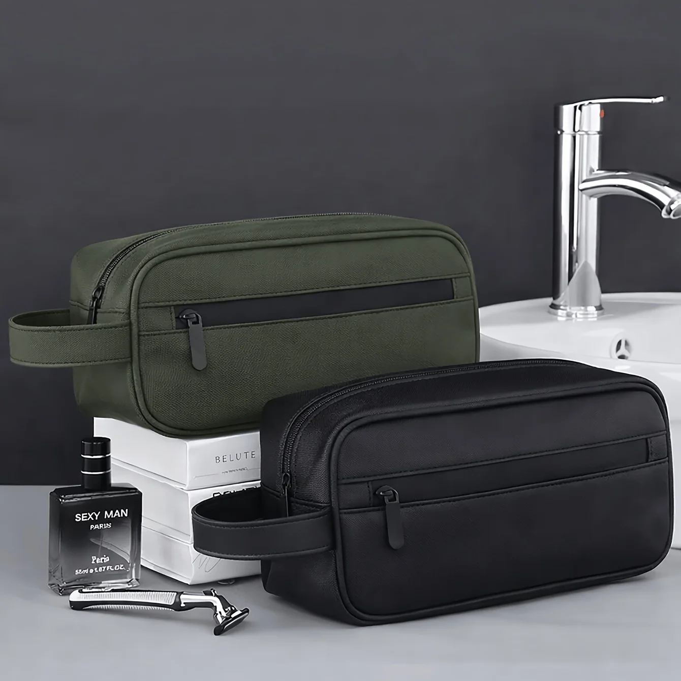 Retro Men'S Toiletry Bag Sports Faux Leather Large Capacity Storage Bag Business Trip Travel Cosmetic Bag Handbag Makeup Bag