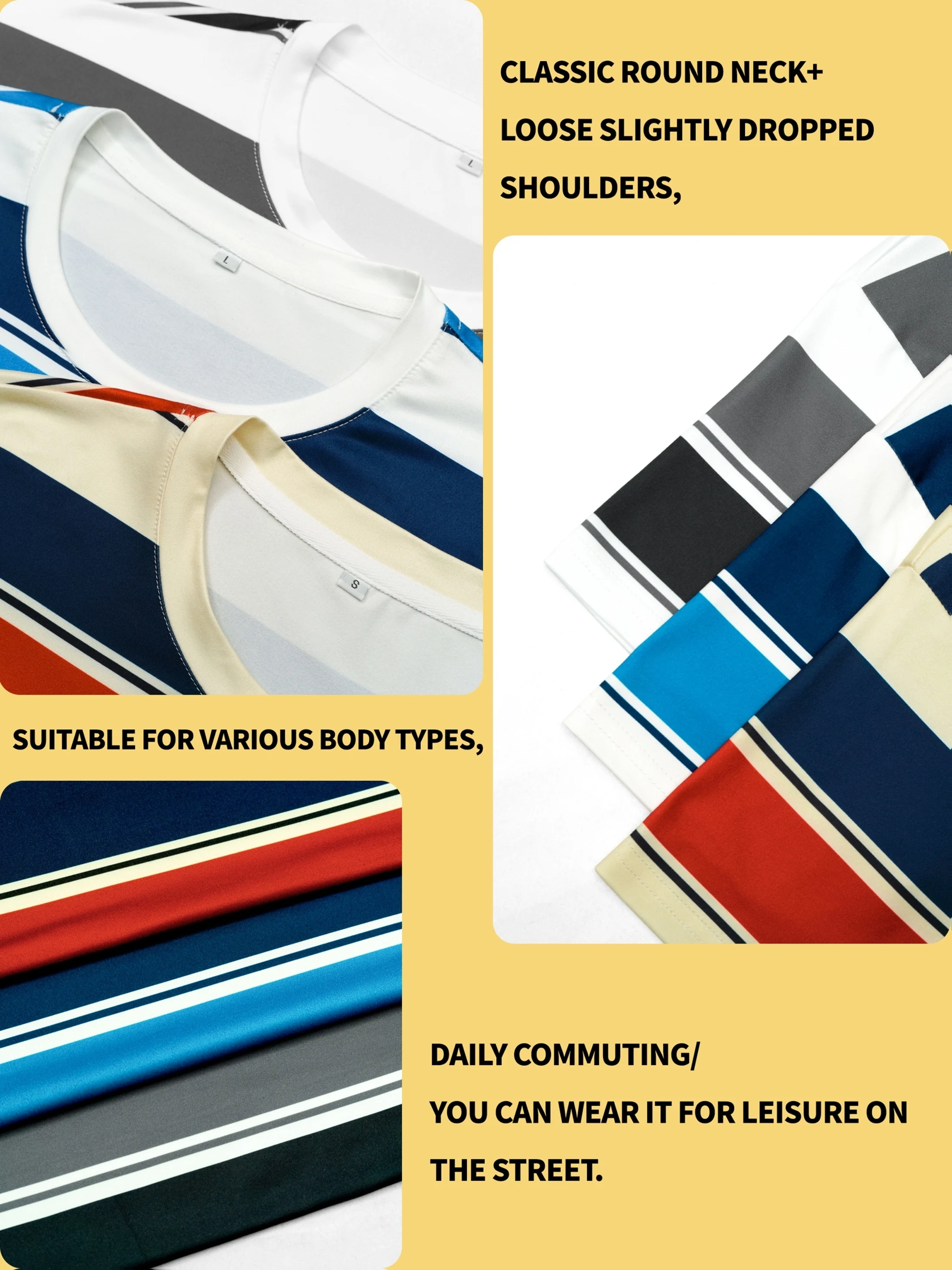 Men's Red, Yellow, and Blue Striped T-Shirt, Short-Sleeved Round Neck Casual T-Shirt, Classic Horizontal Stripe Daily Wear Top
