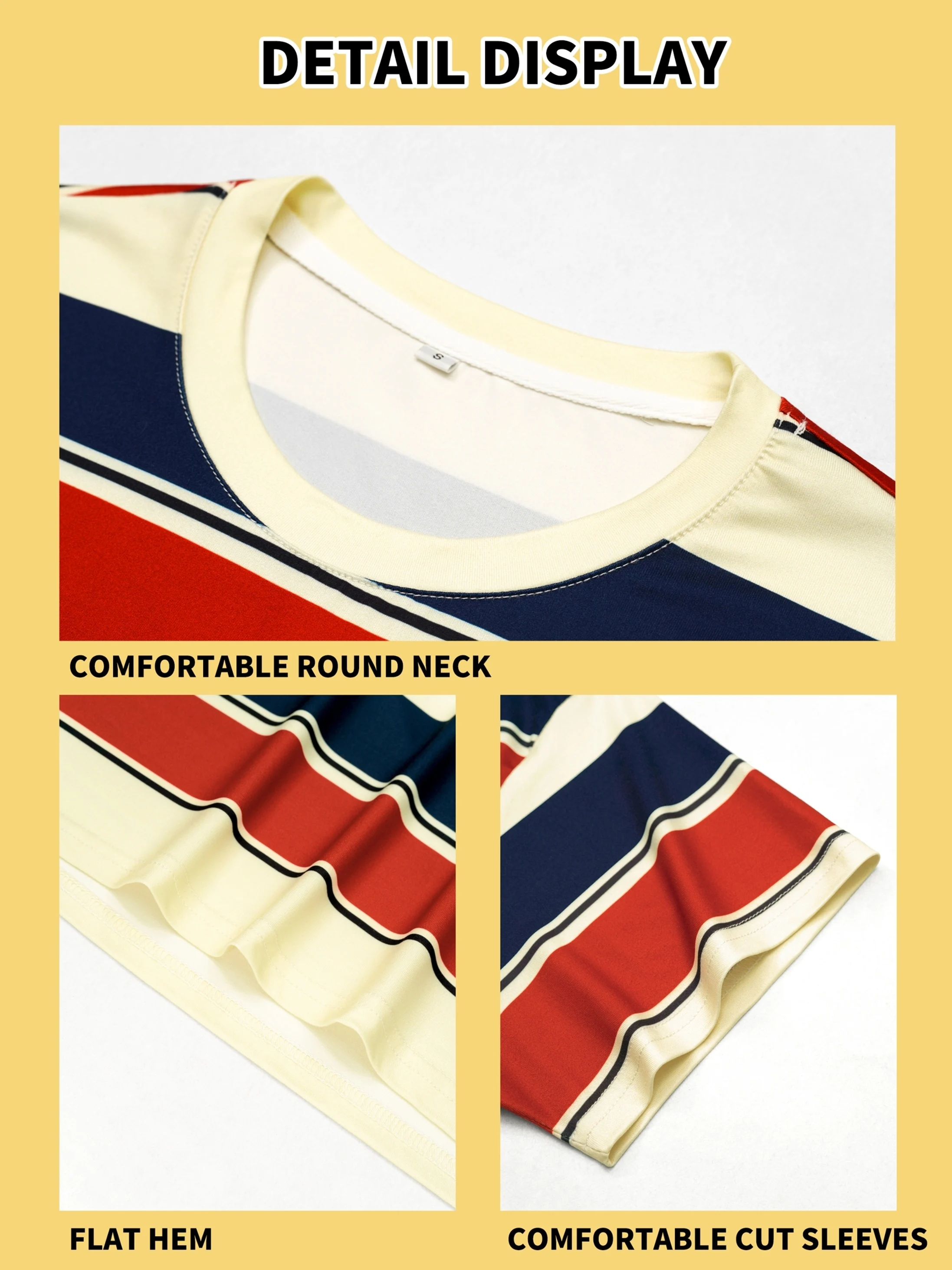 Men's Red, Yellow, and Blue Striped T-Shirt, Short-Sleeved Round Neck Casual T-Shirt, Classic Horizontal Stripe Daily Wear Top