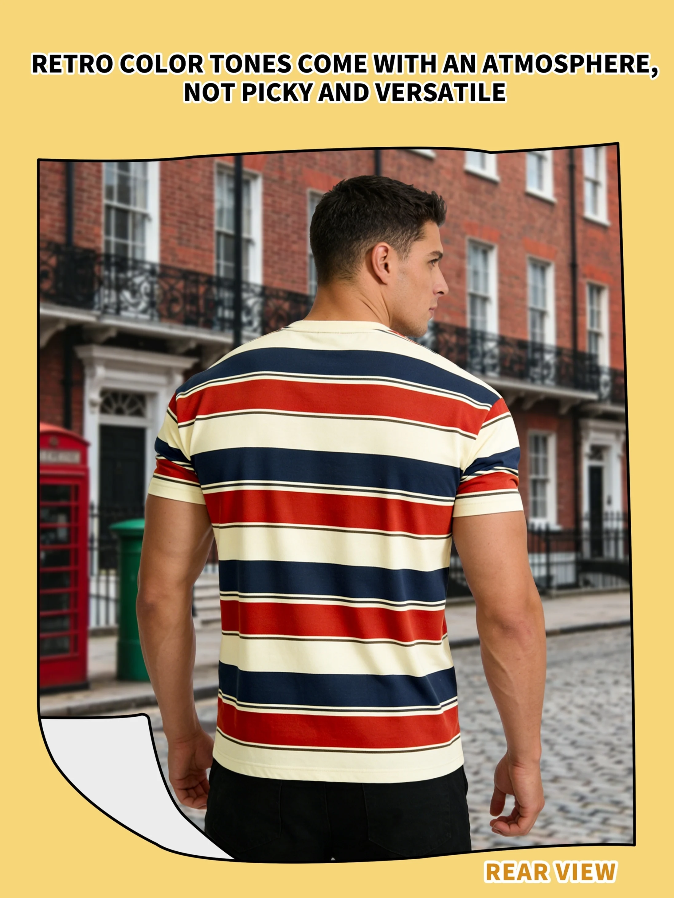 Men's Red, Yellow, and Blue Striped T-Shirt, Short-Sleeved Round Neck Casual T-Shirt, Classic Horizontal Stripe Daily Wear Top