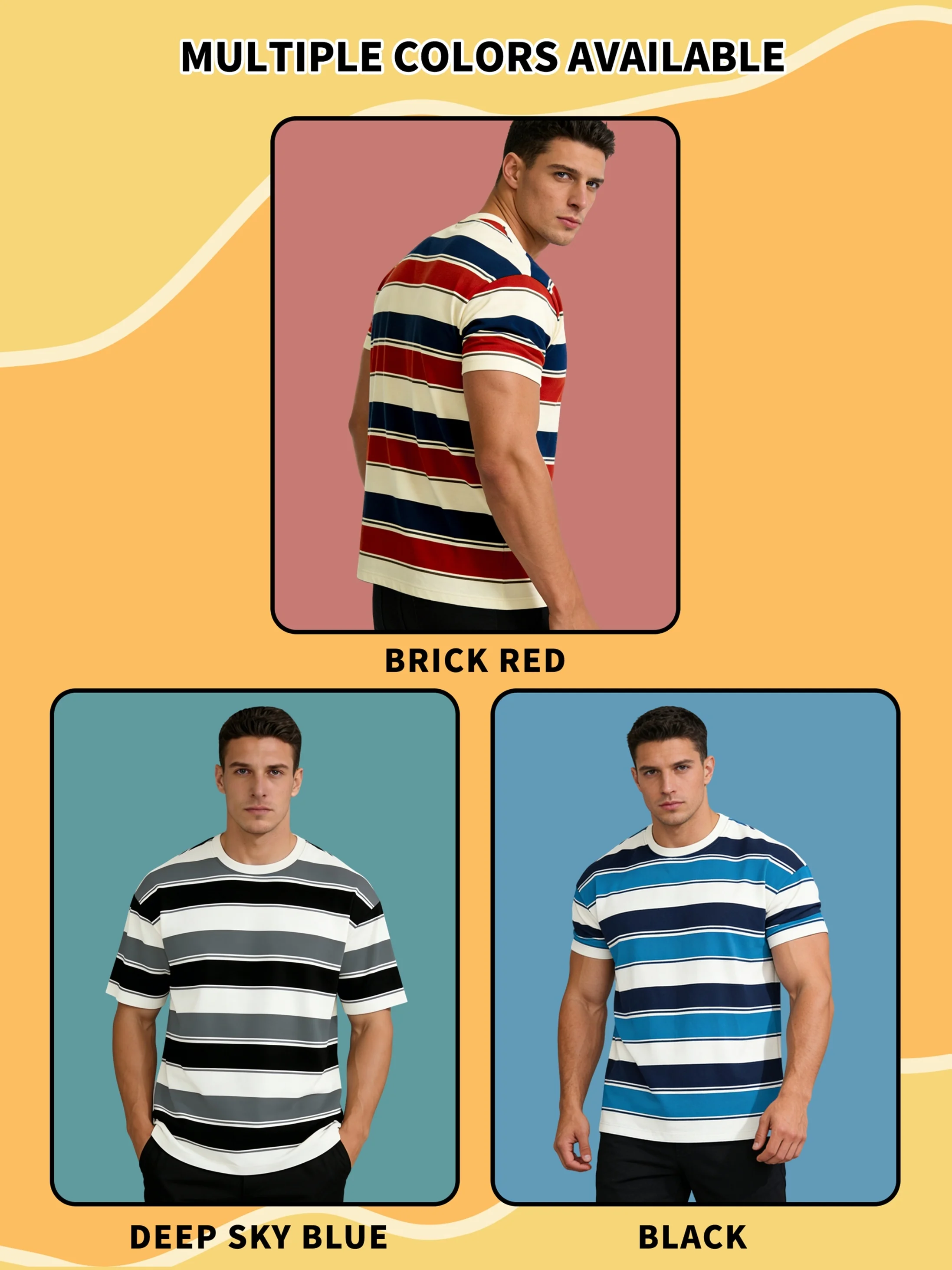 Men's Red, Yellow, and Blue Striped T-Shirt, Short-Sleeved Round Neck Casual T-Shirt, Classic Horizontal Stripe Daily Wear Top
