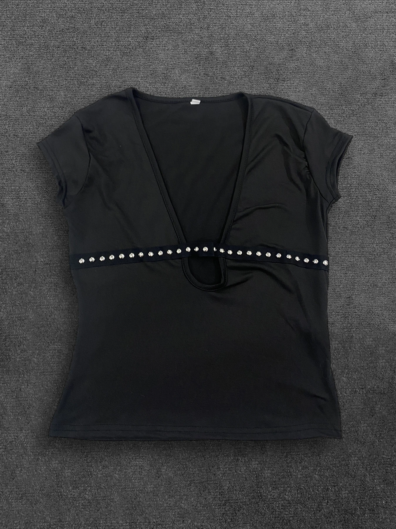 Summer Hollow Design Women's Slimming Hot Stamping Y2K Daily Casual Top Slim Fit Solid Color Low Neck T-Shirt