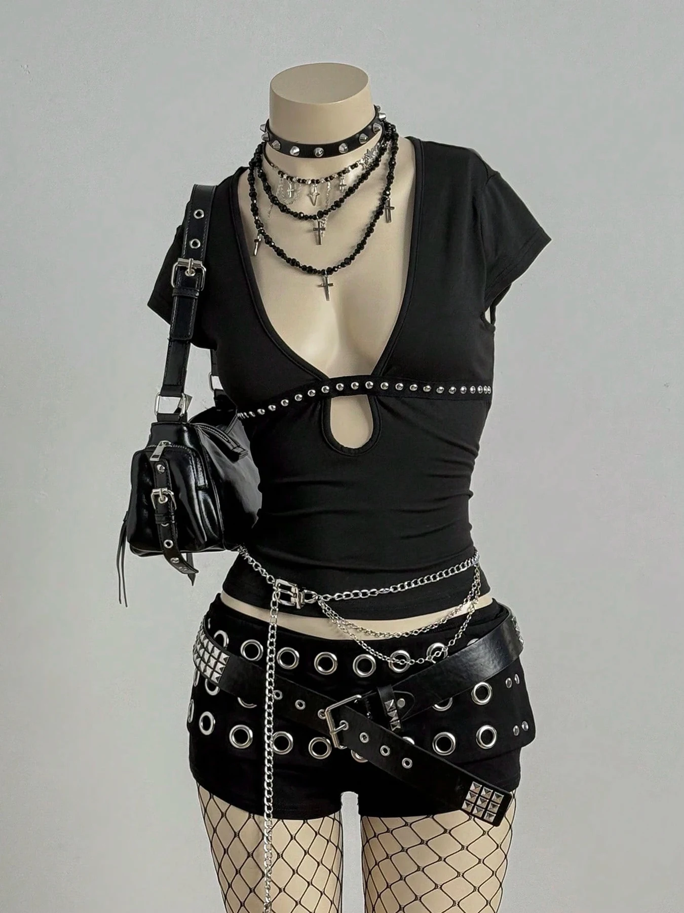 Summer Hollow Design Women's Slimming Hot Stamping Y2K Daily Casual Top Slim Fit Solid Color Low Neck T-Shirt