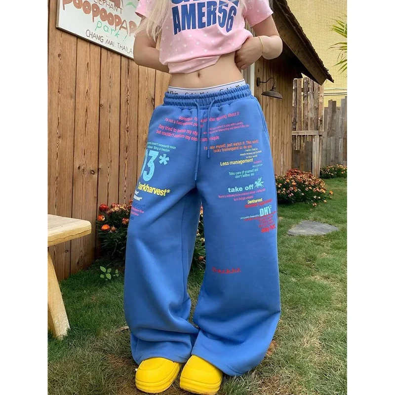 Letter Print Sweatpants Women's Hip Hop Streetwear Elastic Waist Straight Wide Leg Baggy Jogger Trousers Women's