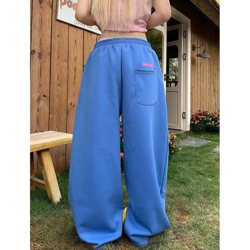 Letter Print Sweatpants Women's Hip Hop Streetwear Elastic Waist Straight Wide Leg Baggy Jogger Trousers Women's