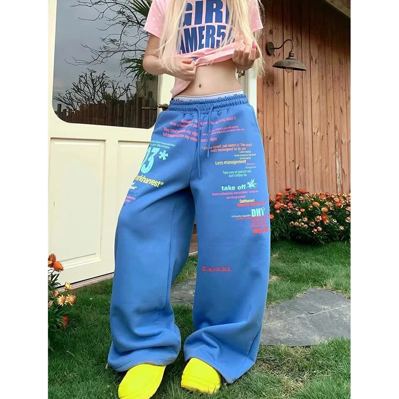 Letter Print Sweatpants Women's Hip Hop Streetwear Elastic Waist Straight Wide Leg Baggy Jogger Trousers Women's