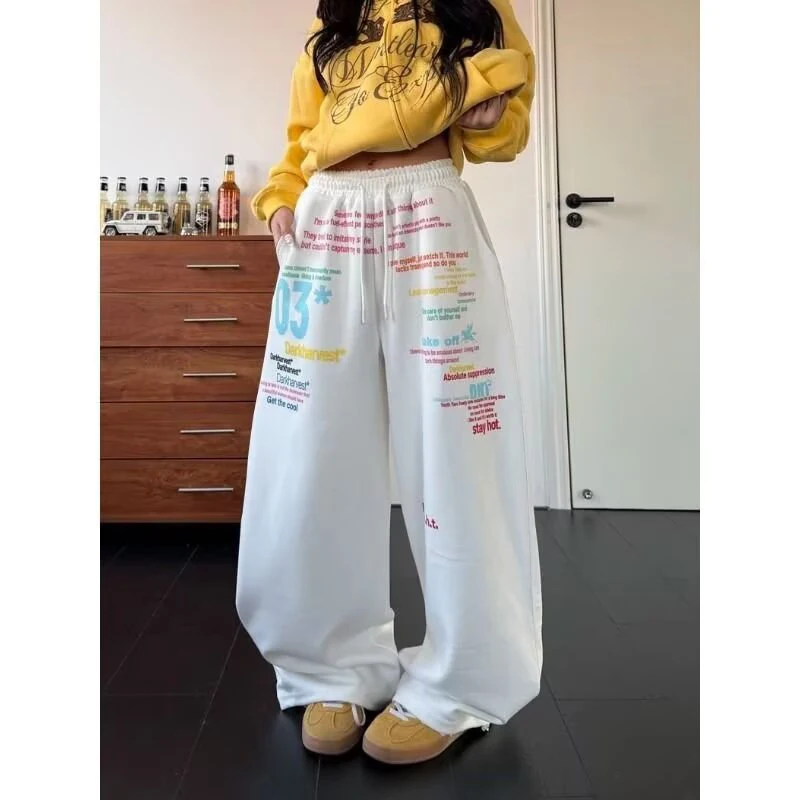 Letter Print Sweatpants Women's Hip Hop Streetwear Elastic Waist Straight Wide Leg Baggy Jogger Trousers Women's
