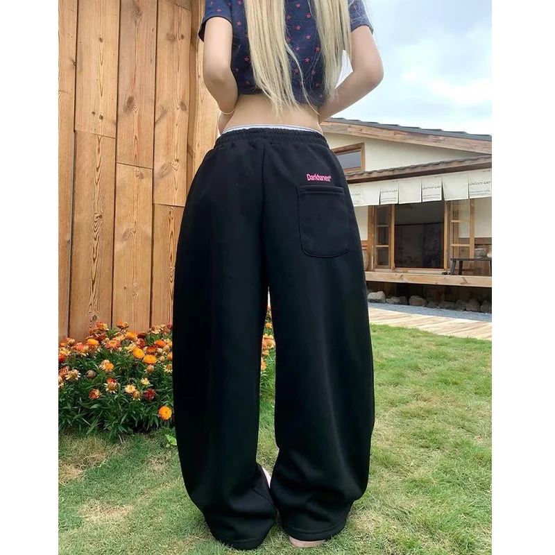 Letter Print Sweatpants Women's Hip Hop Streetwear Elastic Waist Straight Wide Leg Baggy Jogger Trousers Women's