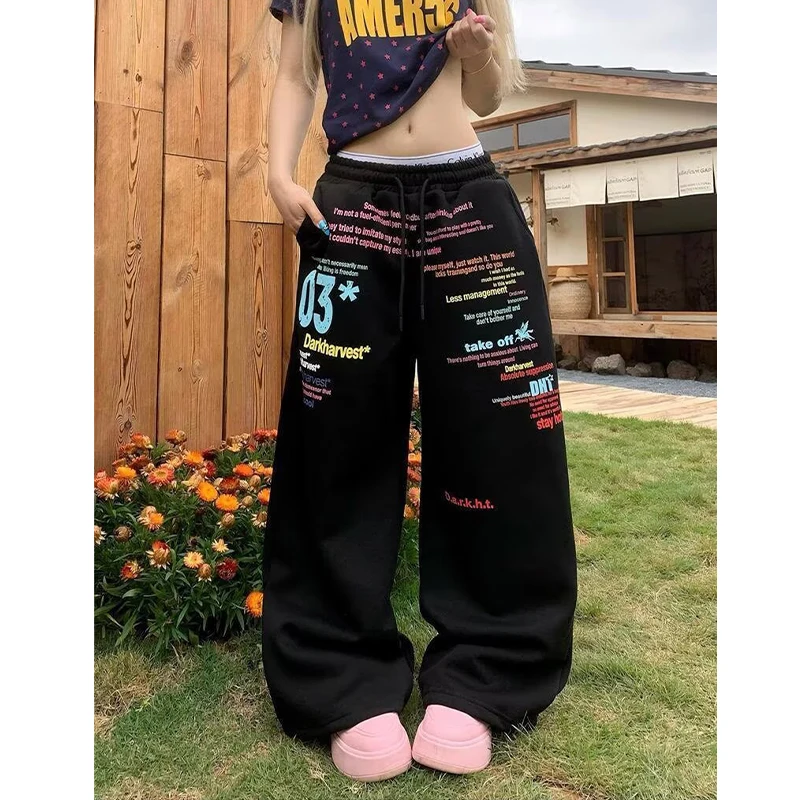 Letter Print Sweatpants Women's Hip Hop Streetwear Elastic Waist Straight Wide Leg Baggy Jogger Trousers Women's