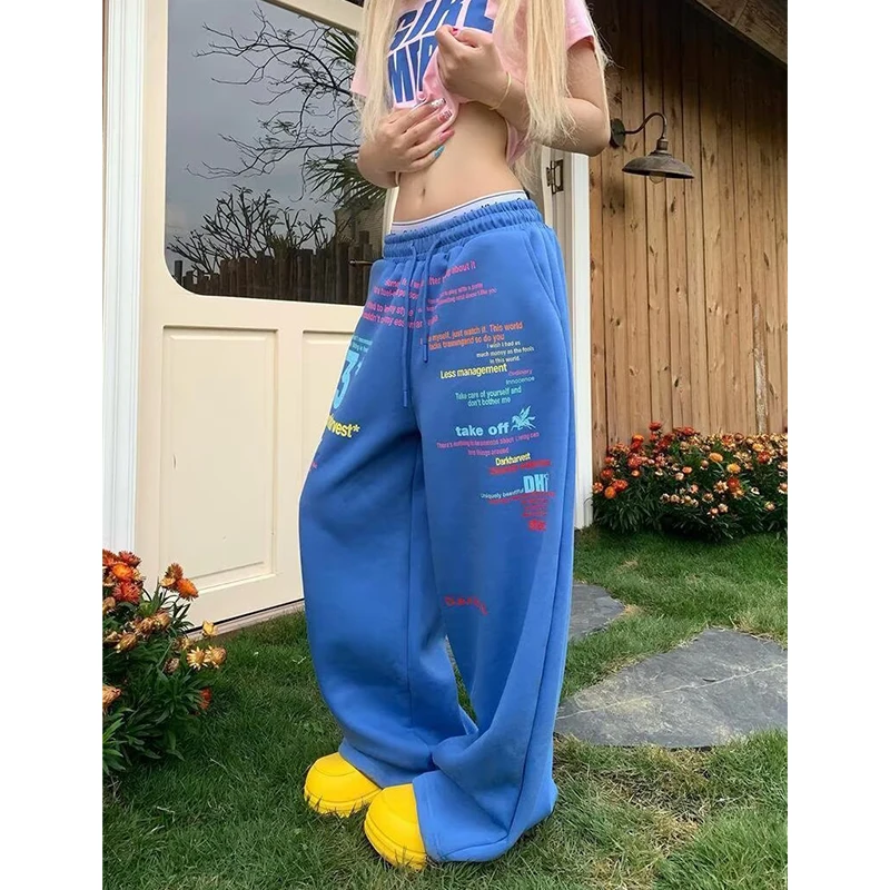 Letter Print Sweatpants Women's Hip Hop Streetwear Elastic Waist Straight Wide Leg Baggy Jogger Trousers Women's