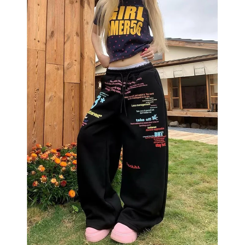 Letter Print Sweatpants Women's Hip Hop Streetwear Elastic Waist Straight Wide Leg Baggy Jogger Trousers Women's