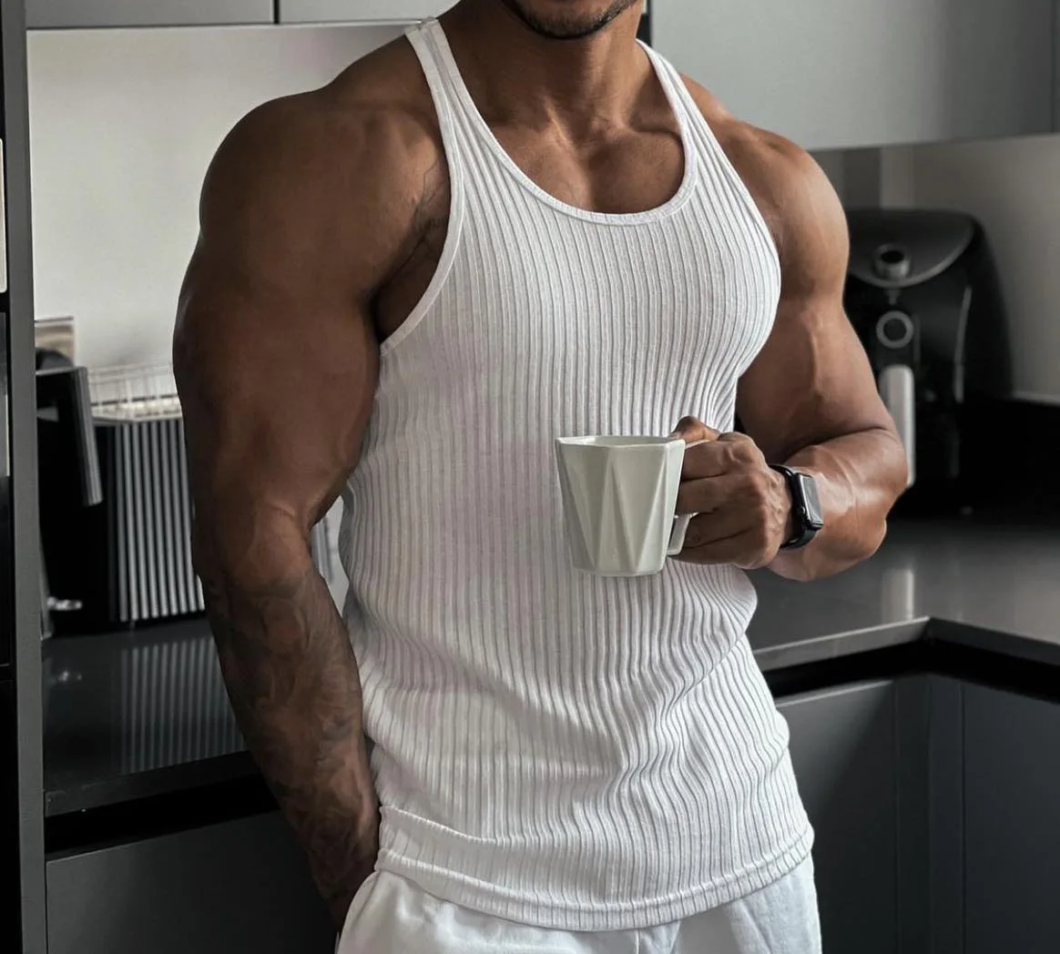 New Fitness Sports Tank Top Men's Sleeveless Summer Knitted Vertical Striped Casual Slimming Men's Sports Tank Top