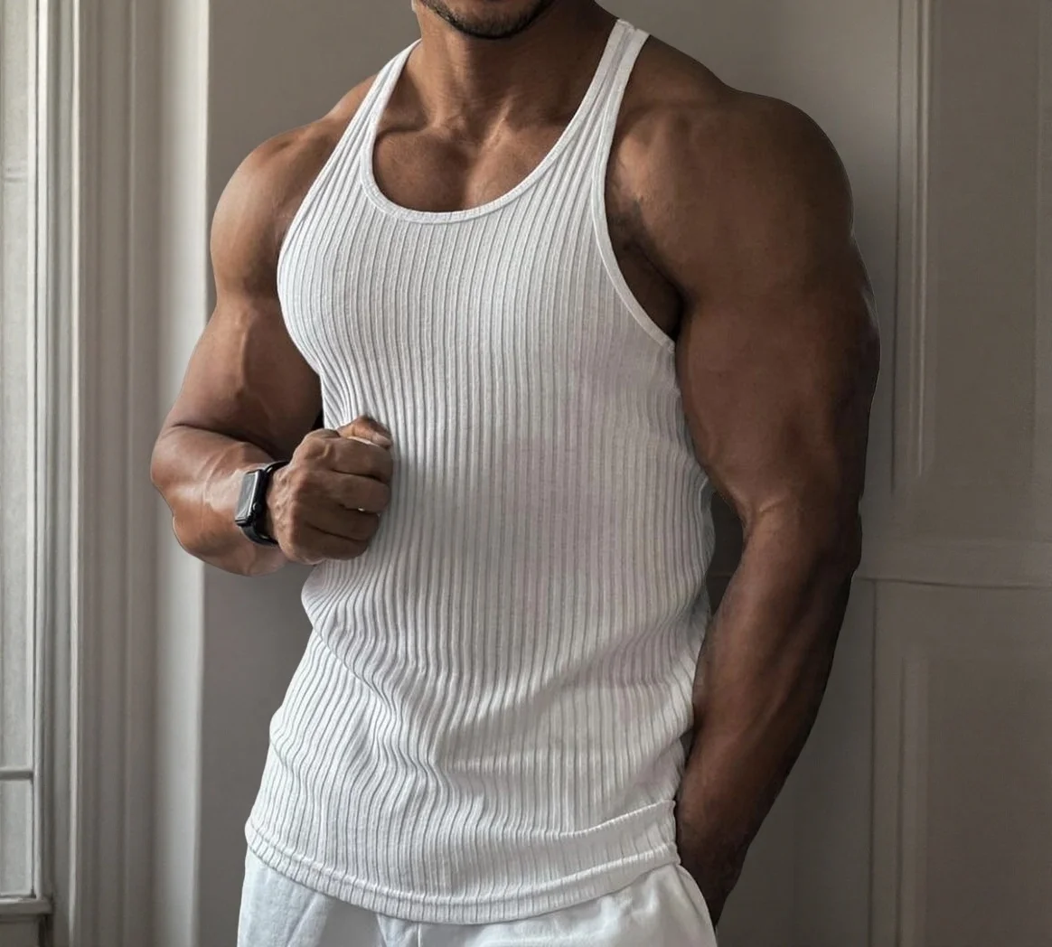 New Fitness Sports Tank Top Men's Sleeveless Summer Knitted Vertical Striped Casual Slimming Men's Sports Tank Top