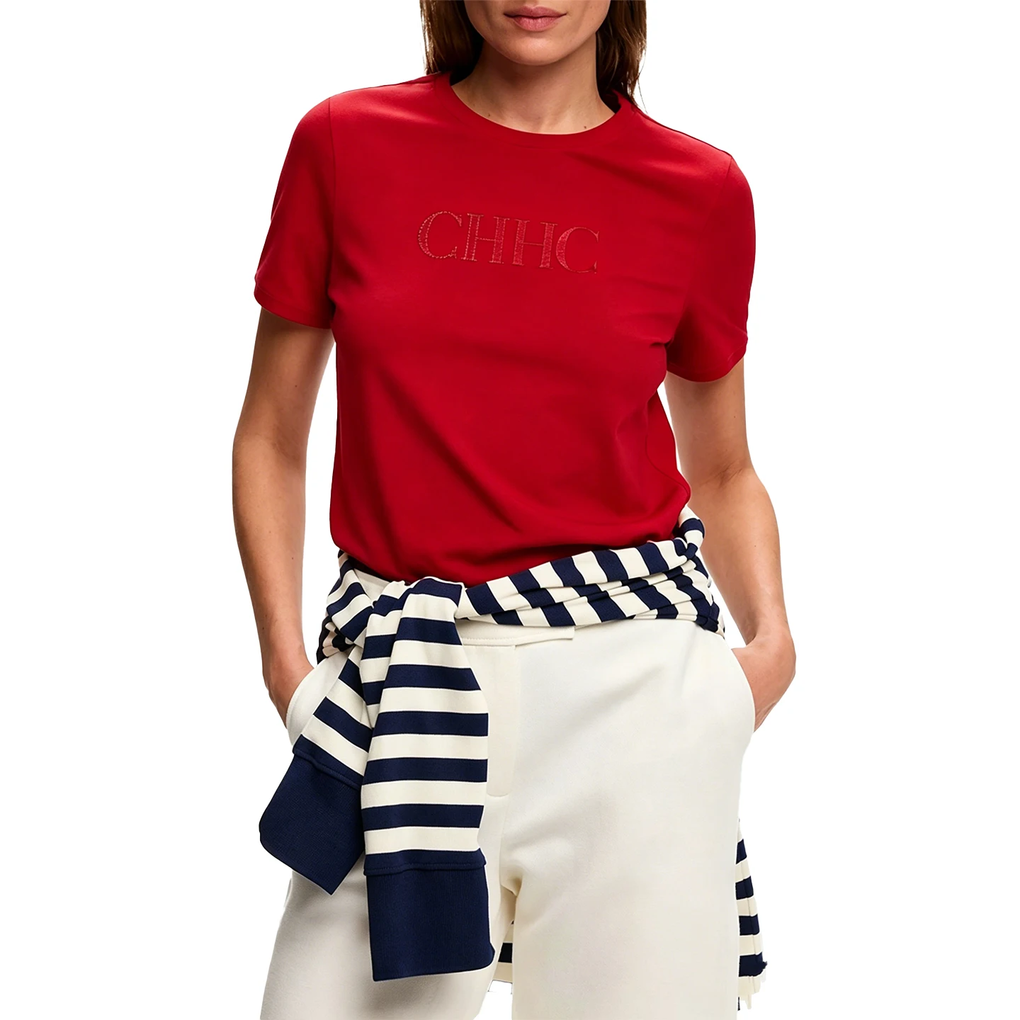 CH Women's Short Sleeve T Shirt Slim Fit Crew Neck Letter Embroidery Breathable Cotton Daily Tops